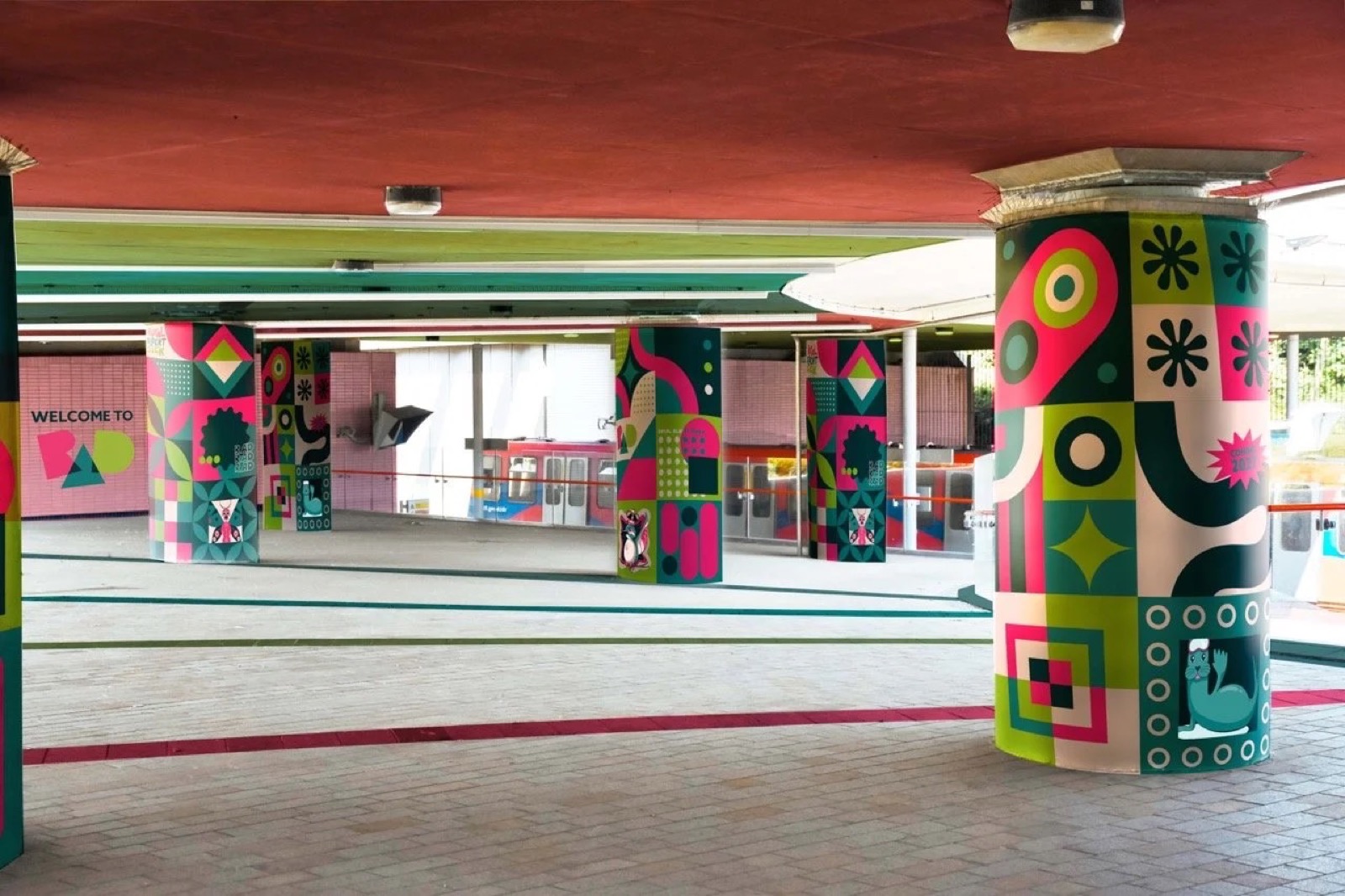 DLR station pillars with environmental graphics